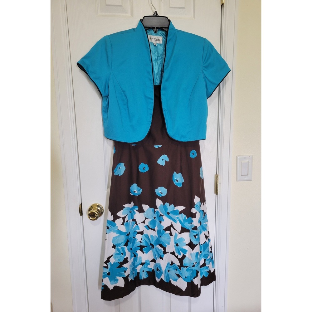 Studio‎ I Womens 2 Piece Dress Set Turquoise Brown Floral Bolero Jacket Size 10